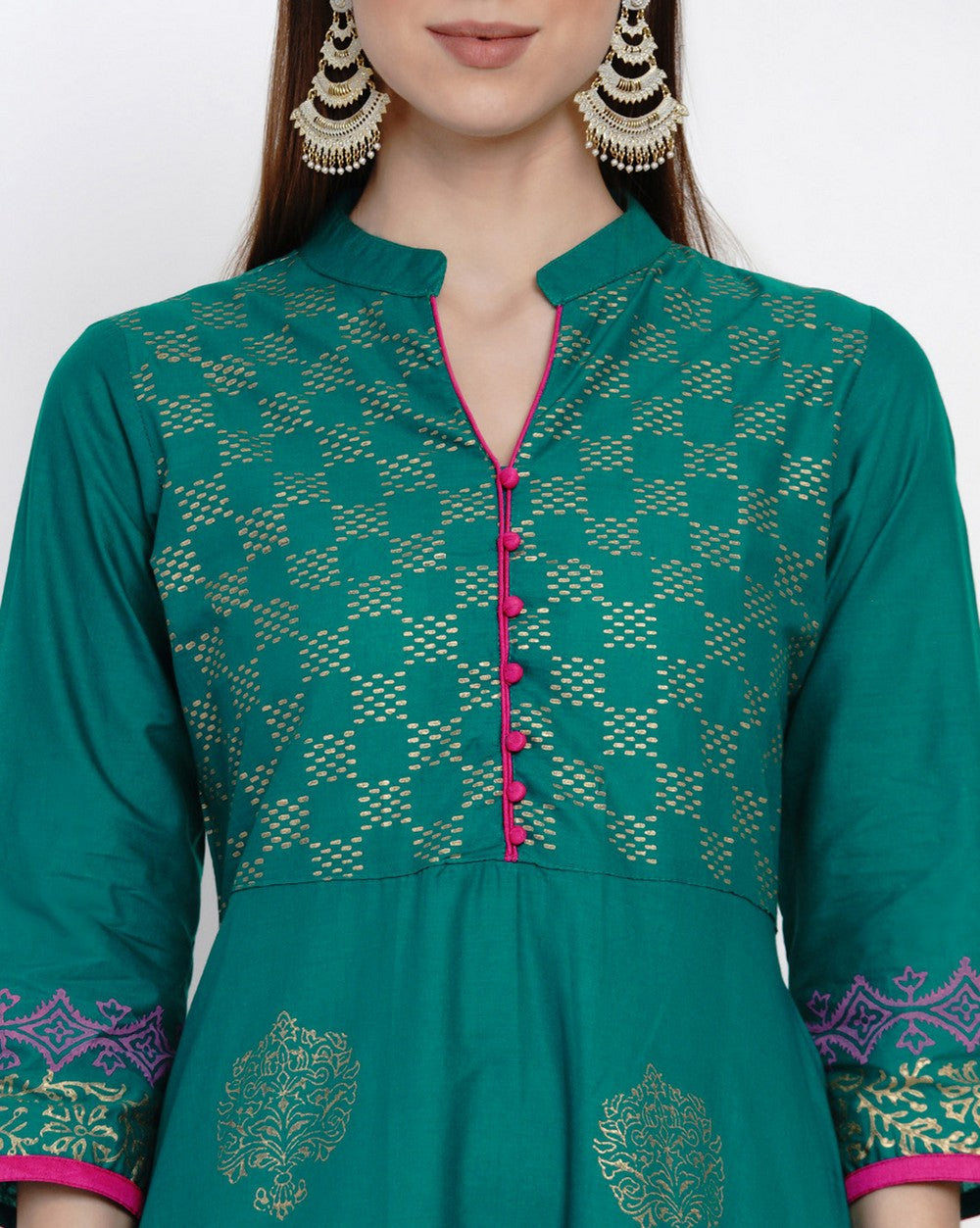 Cotton Block Print Anarkali Kurta In Green