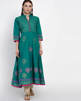 Buy Blended Cotton Block Print Anarkali Kurta In Green