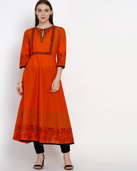 Buy Blended Cotton Block Print Anarkali Kurta In Orange