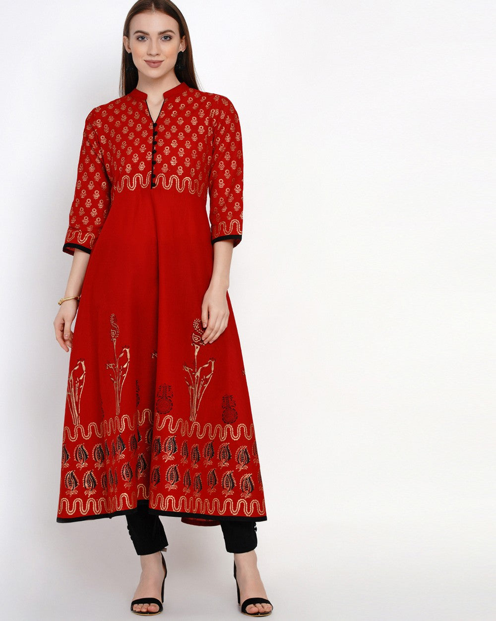 Buy Blended Cotton Block Print Anarkali Kurta In Red