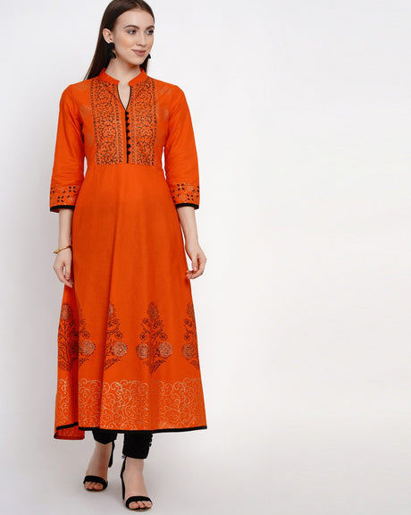 Buy Blended Cotton Block Print Anarkali Kurta In Orange