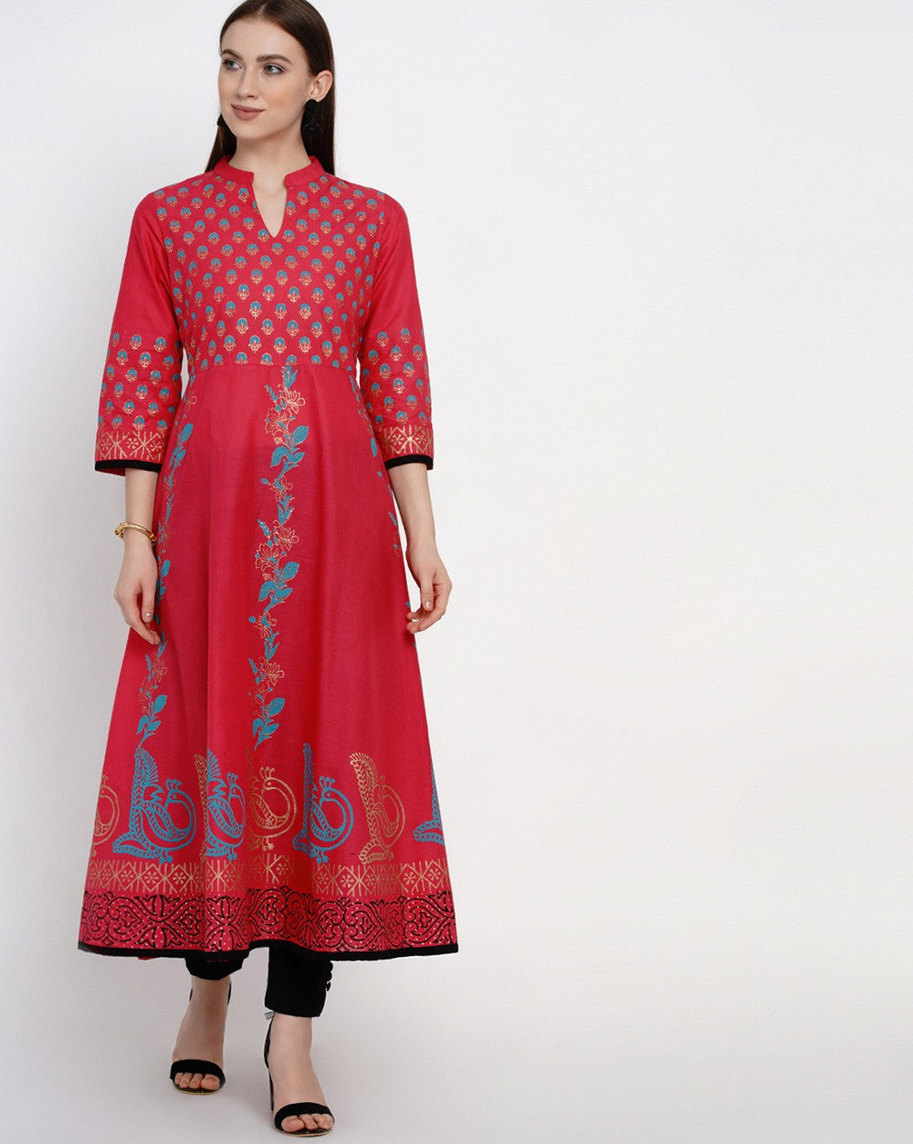 Buy Blended Cotton Block Print Anarkali Kurta In Pink