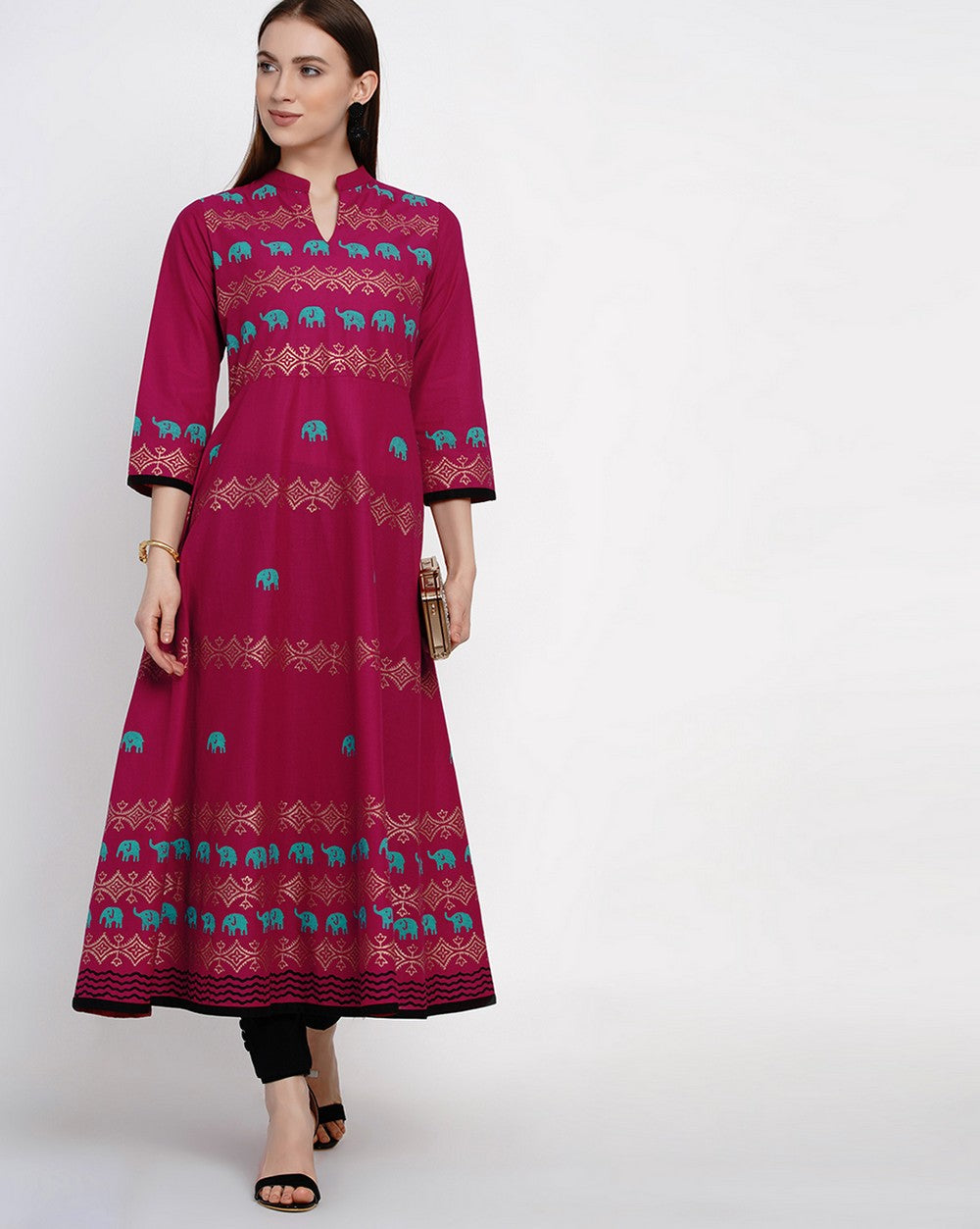 Buy Blended Cotton Block Print Anarkali Kurta In Magenta