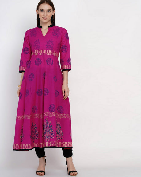 Buy Blended Cotton Block Print Anarkali Kurta In Magenta