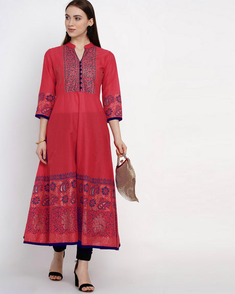 Buy Blended Cotton Block Print Anarkali Kurta In Pink