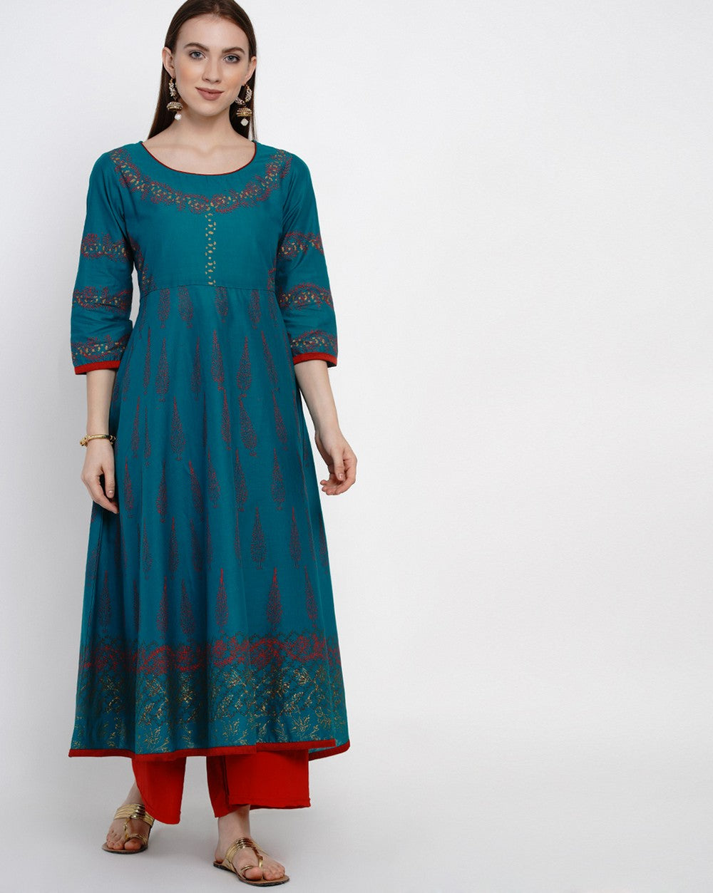 Buy Blended Cotton Block Print Anarkali Kurta In Green