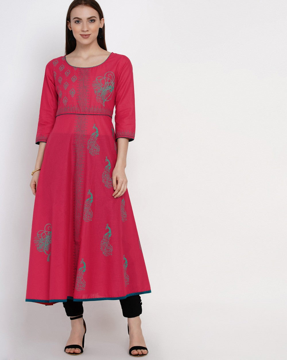 Buy Blended Cotton Block Print Anarkali Kurta In Pink