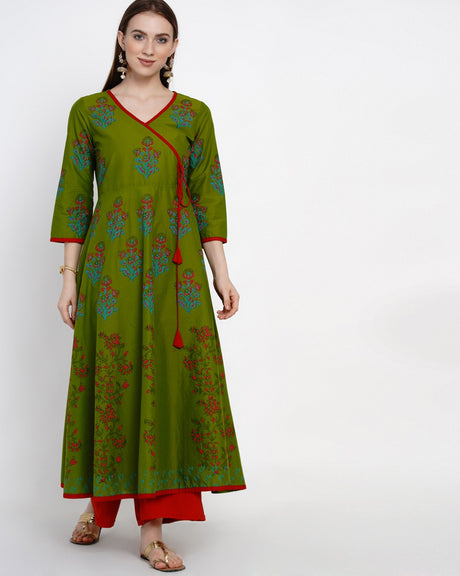 Buy Blended Cotton Block Print Anarkali Kurta In Green