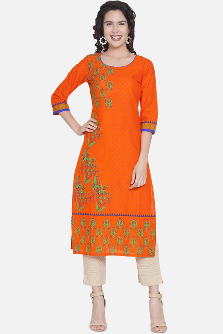 Buy WomenCotton Block Printed Kurta in Orange Online