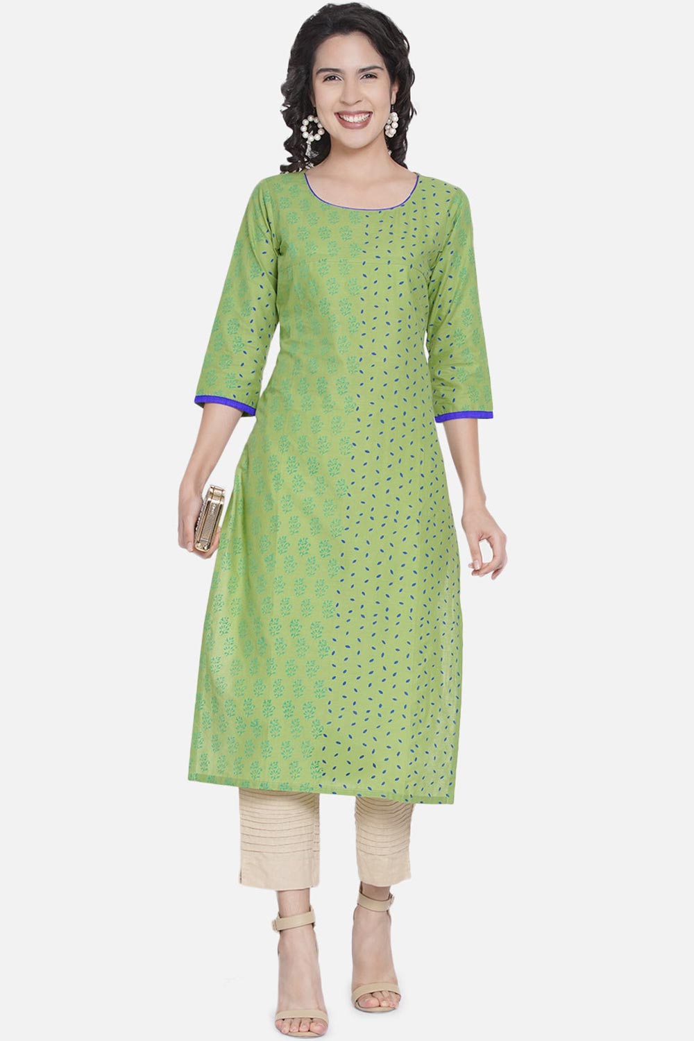 Buy Women Cotton Block Print Kurta Set in Green Online - Side