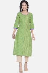 Buy Women Cotton Block Print Kurta Set in Green Online - Side