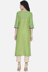 Buy Women Cotton Block Print Kurta Set in Green Online - Back