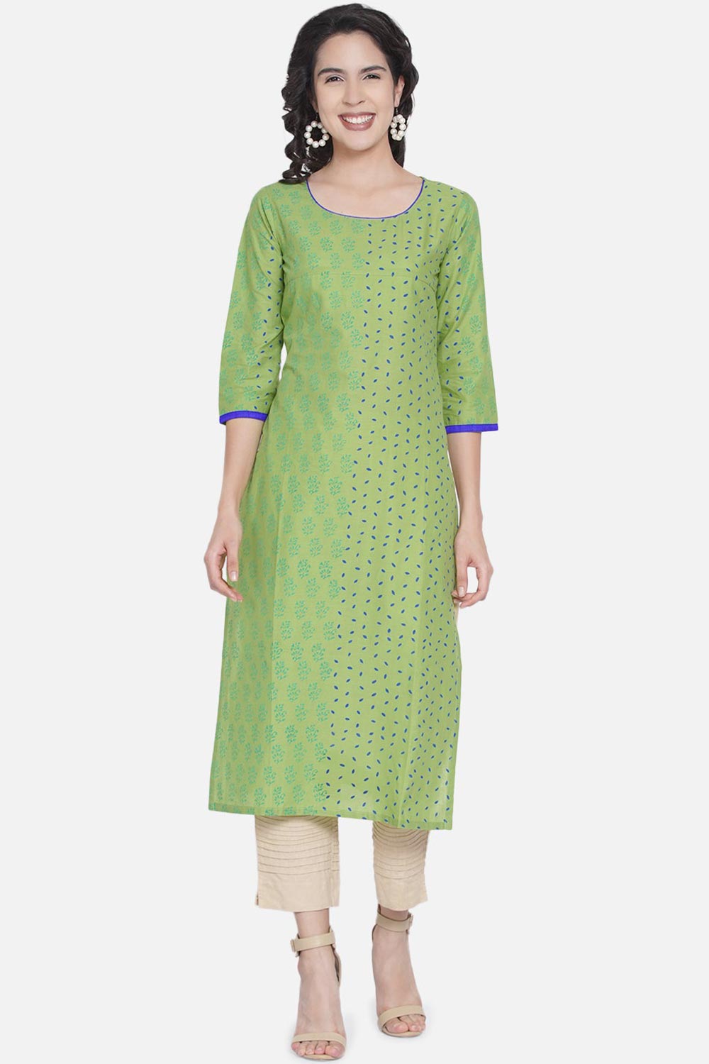 Buy WomenCotton Block Printed Kurta in Green Online