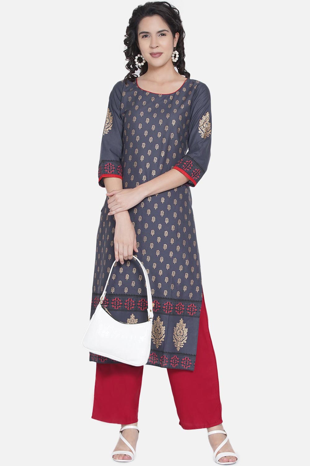 Buy Women Cotton Block Print Kurta Set in Blue Online - Side