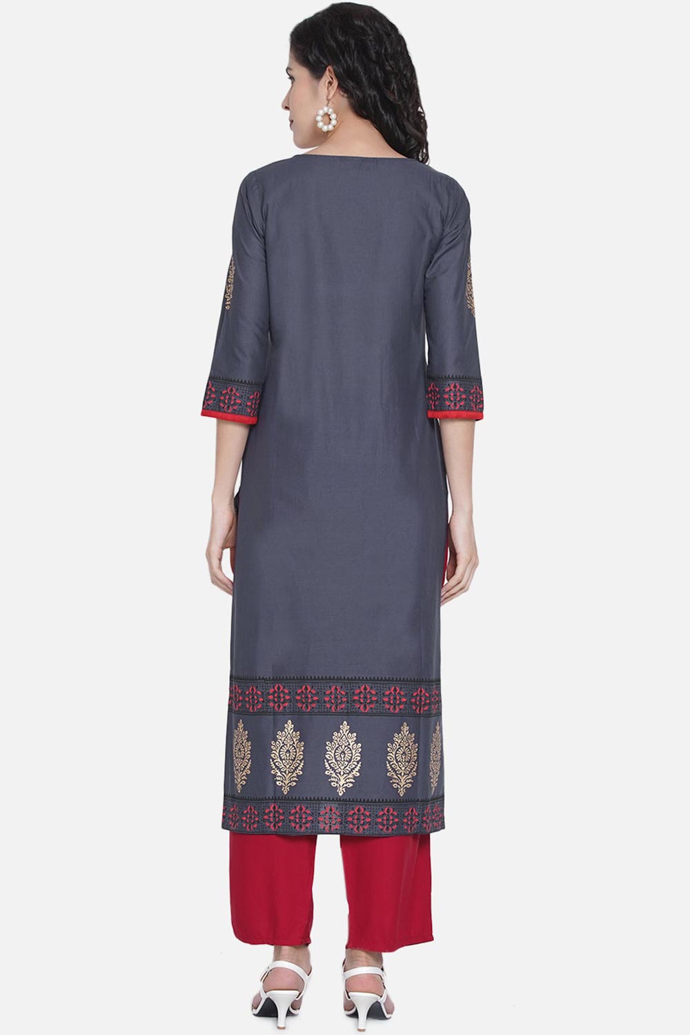 Buy Women Cotton Block Print Kurta Set in Blue Online - Back