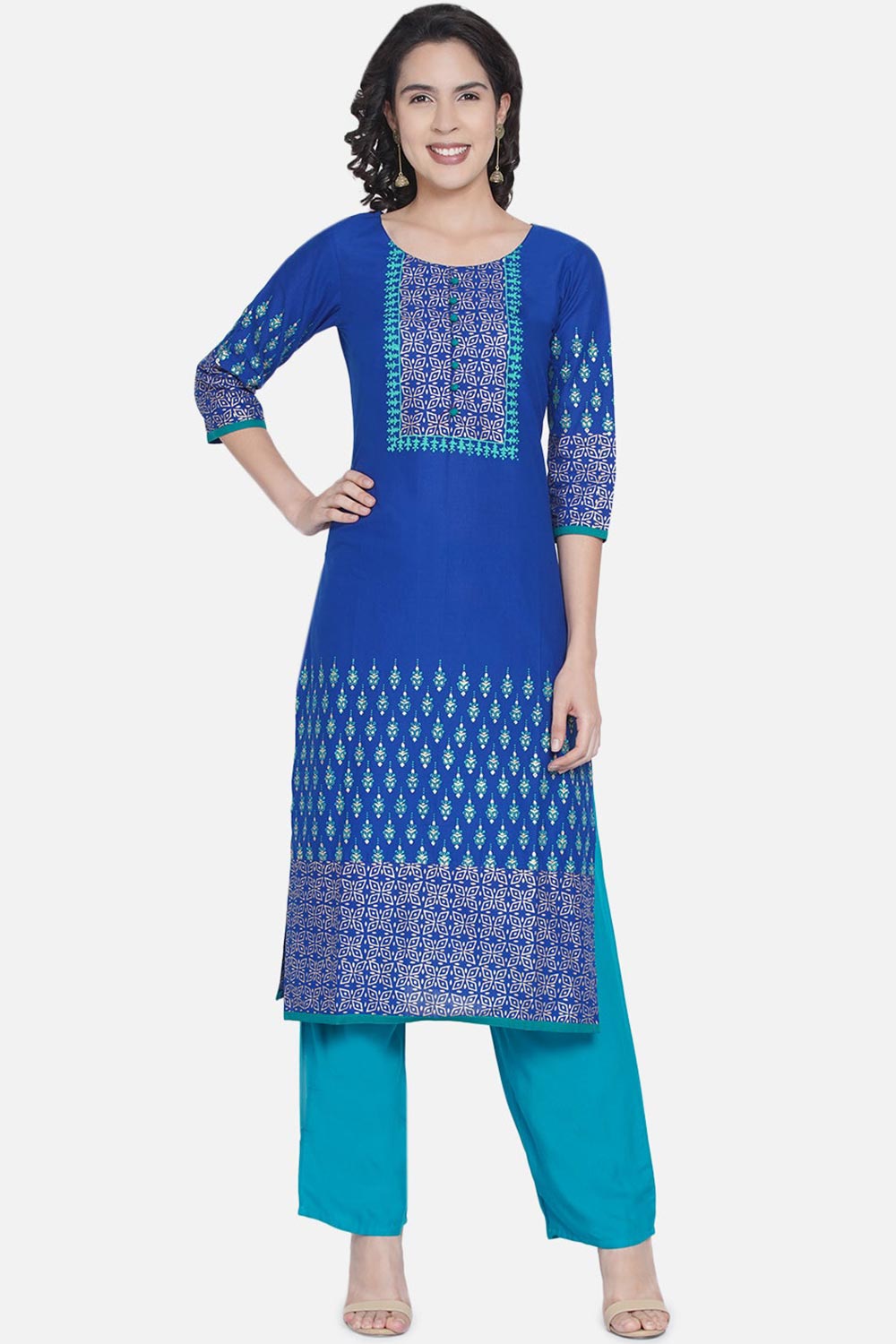 Buy WomenCotton Block Printed Kurta in Blue Online