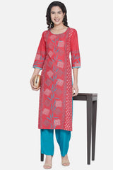 Buy Women Cotton Block Print Kurta Set in Old Rose Online - Side