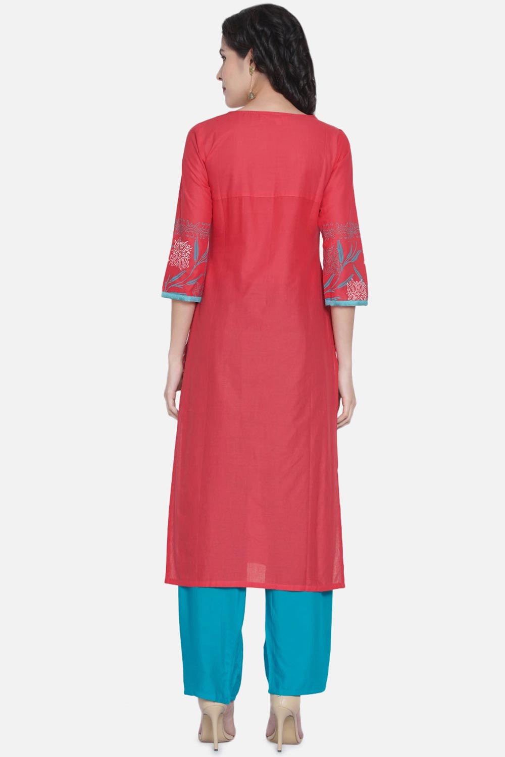 Buy Women Cotton Block Print Kurta Set in Old Rose Online - Back