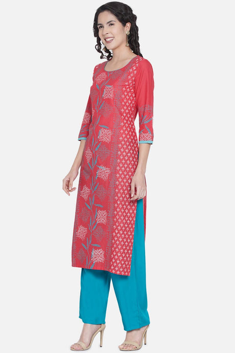 Buy Women Cotton Block Print Kurta Set in Old Rose Online - Front