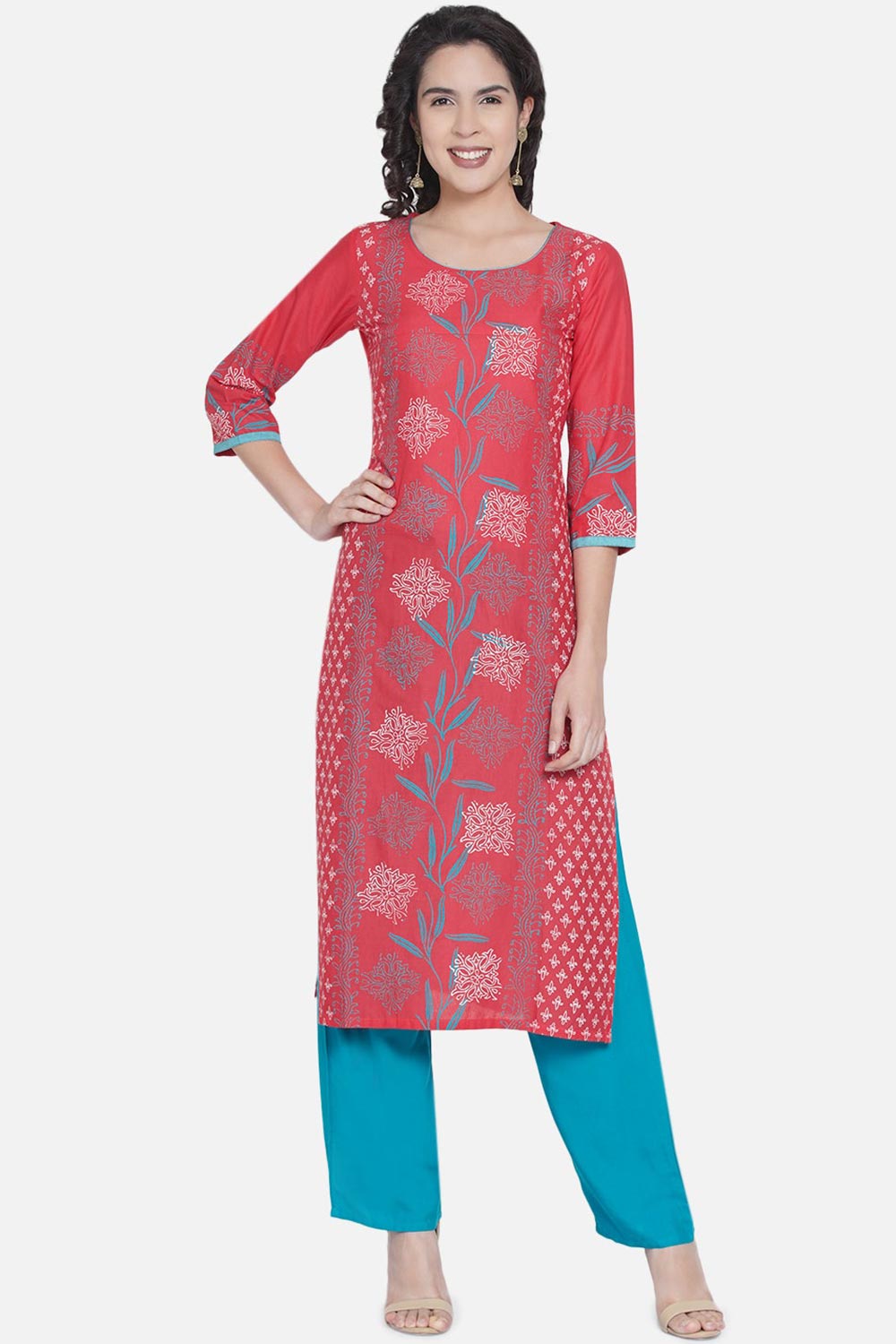 Buy WomenCotton Block Printed Kurta in Old Rose Online