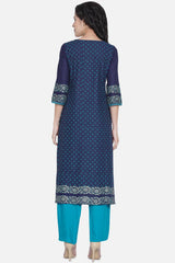 Buy Women Cotton Block Print Kurta Set in Blue Online - Back