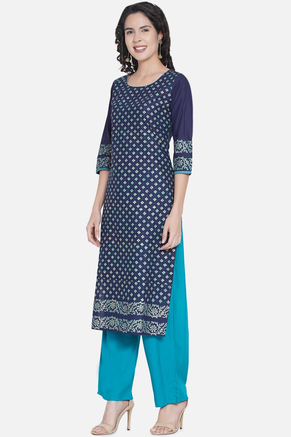 Buy Women Cotton Block Print Kurta Set in Blue Online - Front