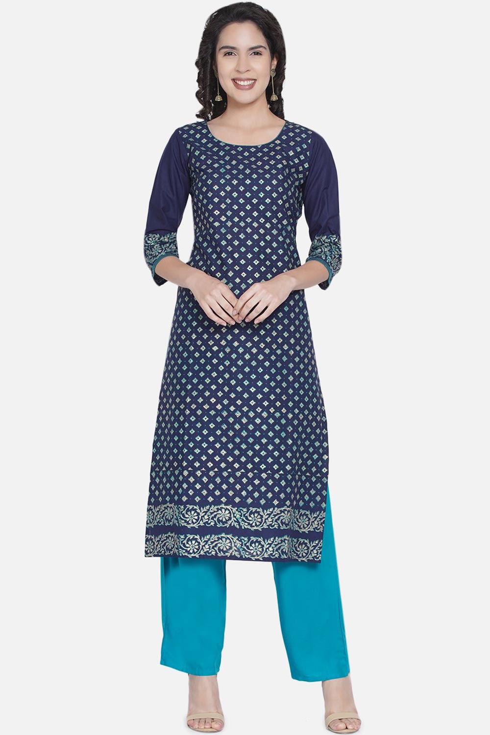 Buy WomenCotton Block Printed Kurta in Blue Online