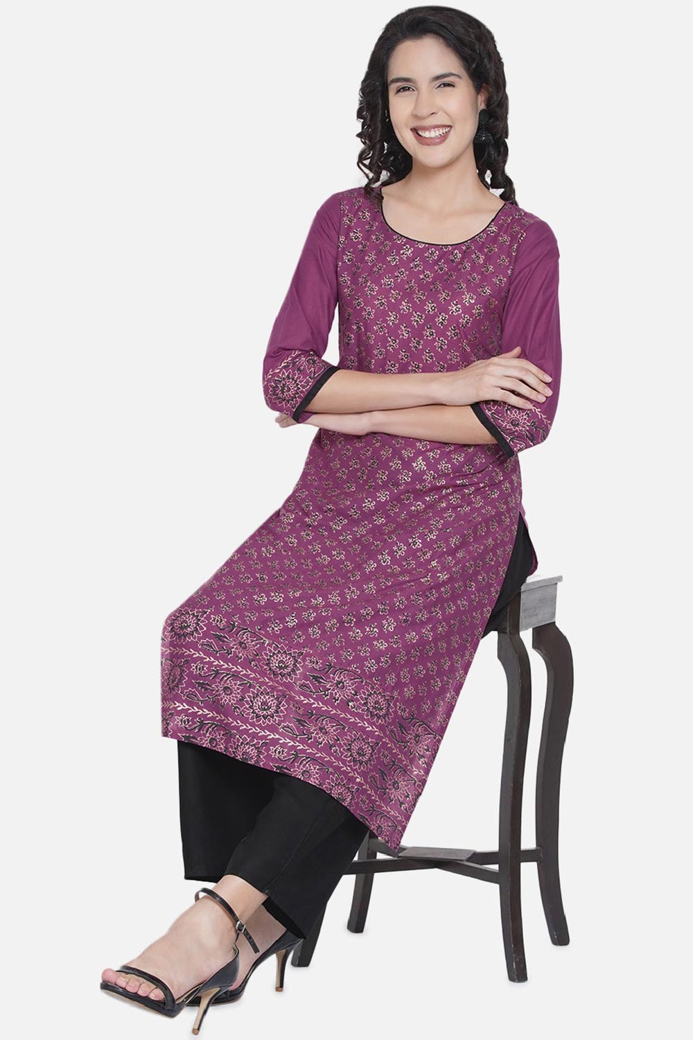 Buy Women Cotton Block Print Kurta Set in Mauve Online - Side