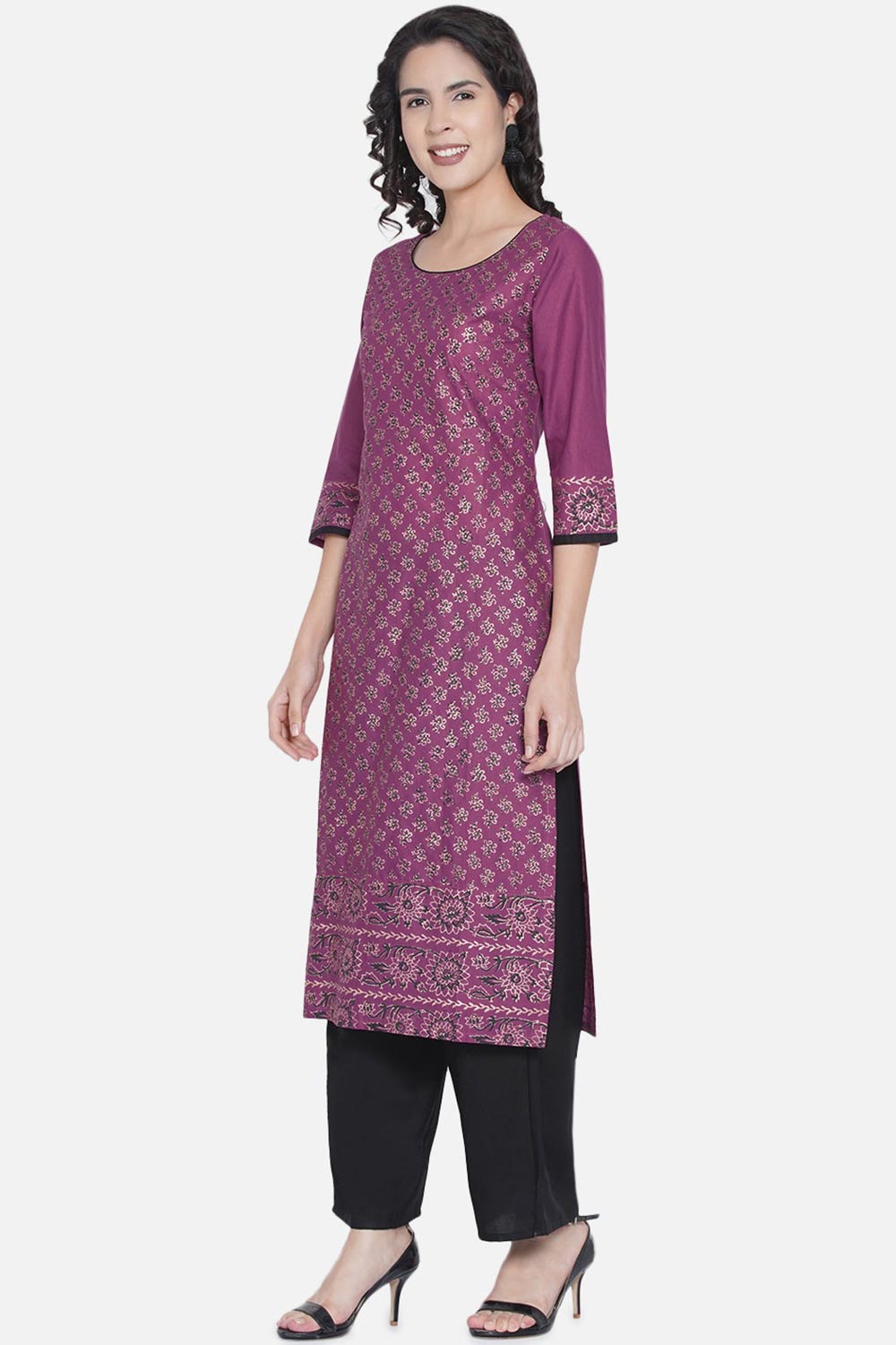 Buy Women Cotton Block Print Kurta Set in Mauve Online - Front