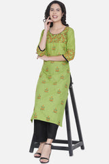 Buy Women Cotton Block Print Kurta Set in Green Online - Side