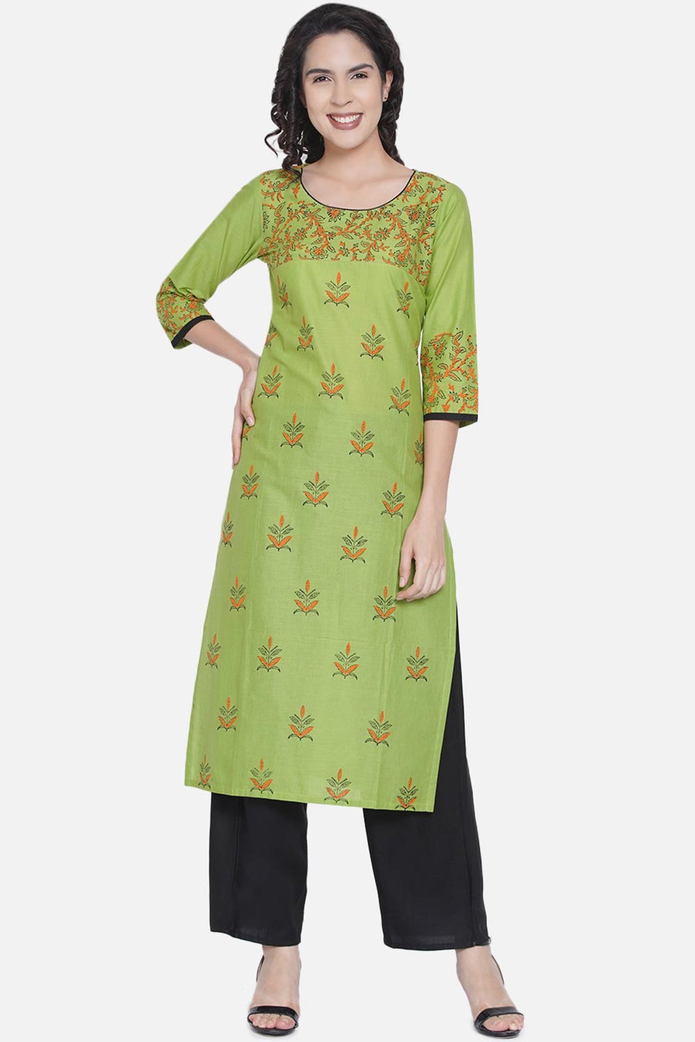 Buy WomenCotton Block Printed Kurta in Green Online