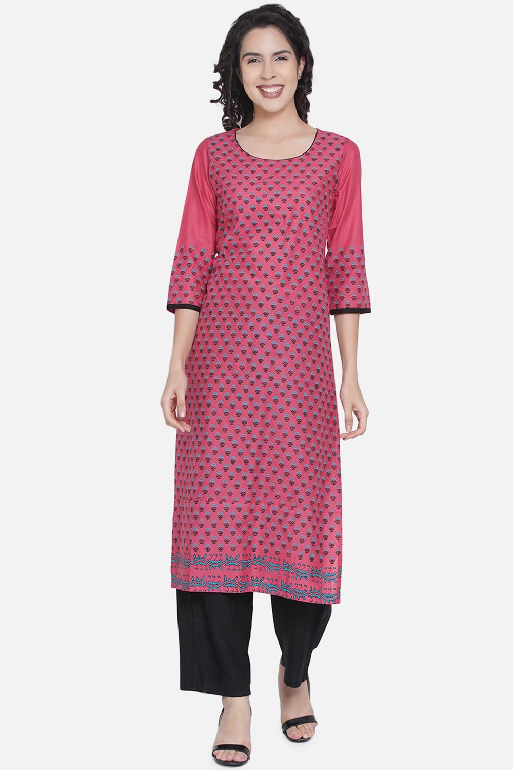 Buy WomenCotton Block Printed Kurta in Old Rose Online