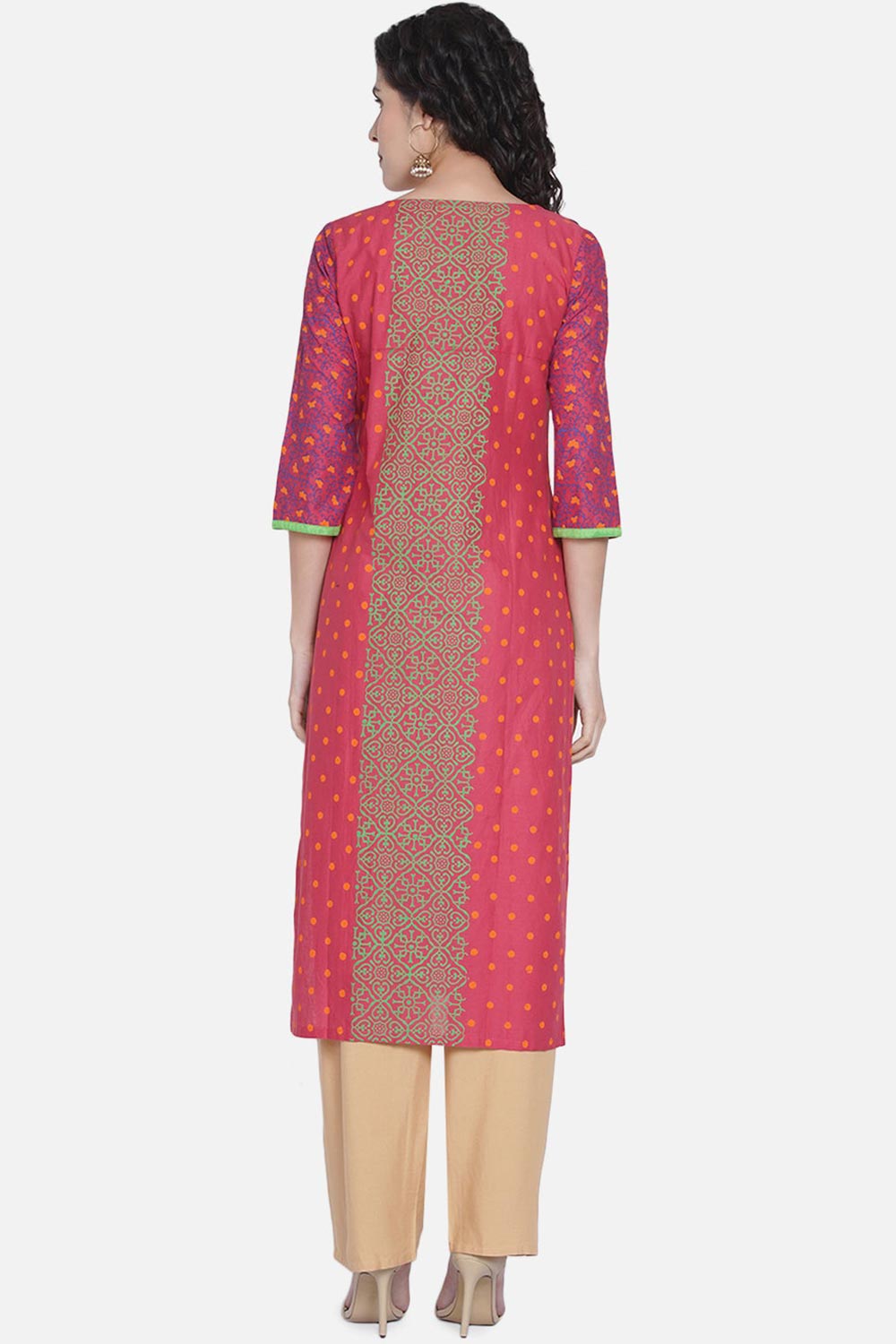 Buy Women Cotton Block Print Kurta Set in Old Rose Online - Back