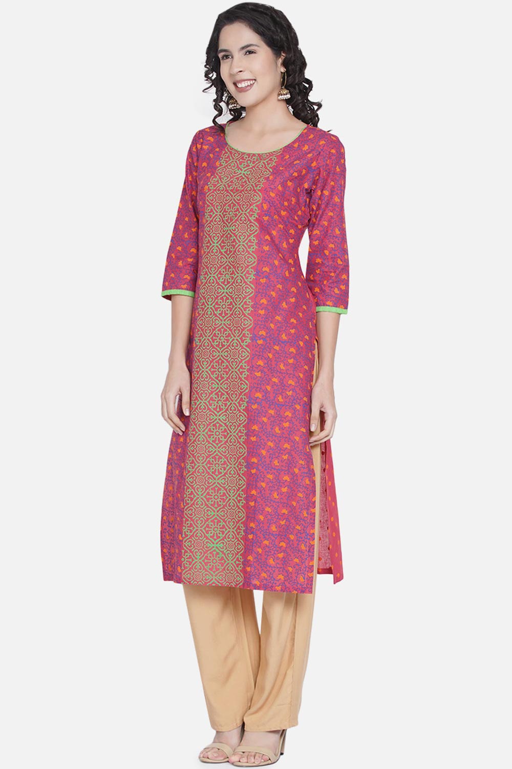 Buy Women Cotton Block Print Kurta Set in Old Rose Online - Front