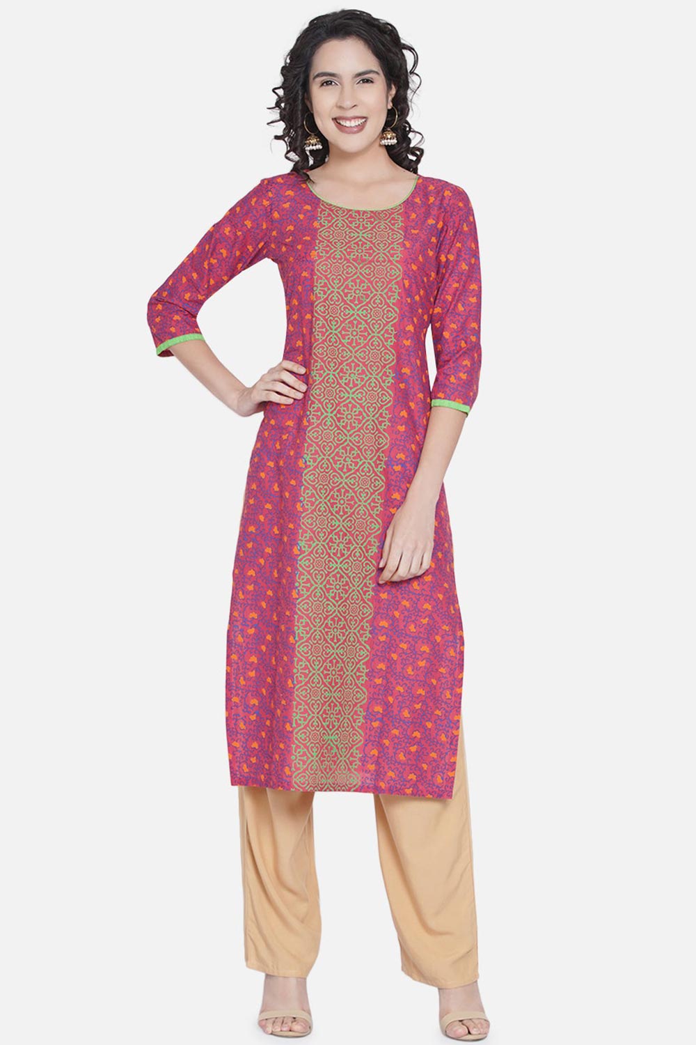 Buy WomenCotton Block Printed Kurta in Old Rose Online