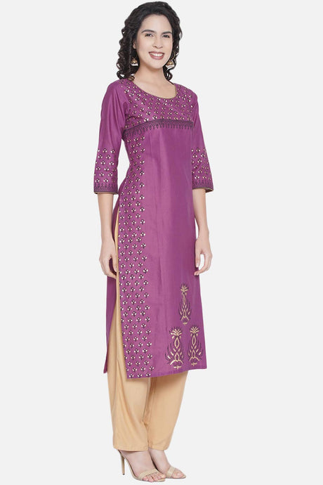 Buy Women Cotton Block Print Kurta Set in Mauve Online - Front