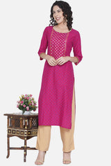 Buy Women Cotton Block Print Kurta Set in Magenta Online - Side