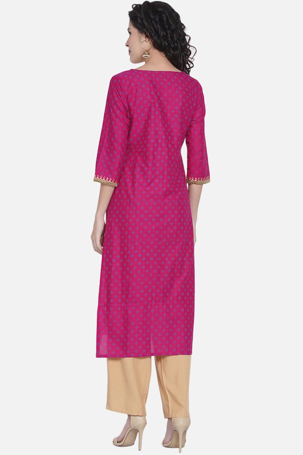 Buy Women Cotton Block Print Kurta Set in Magenta Online - Back