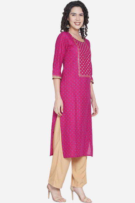 Buy Women Cotton Block Print Kurta Set in Magenta Online - Front