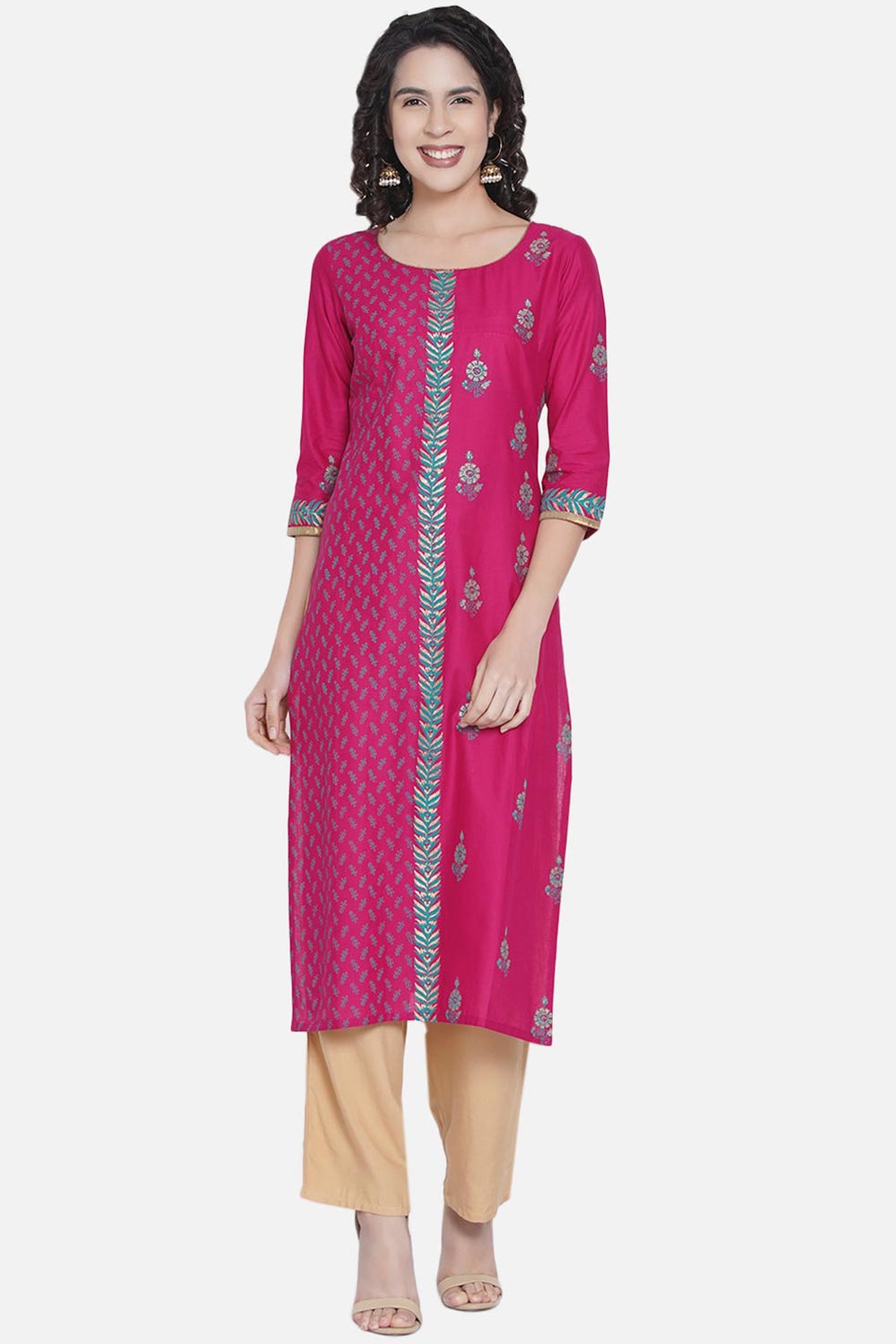 Buy WomenCotton Block Printed Kurta in Magenta Online