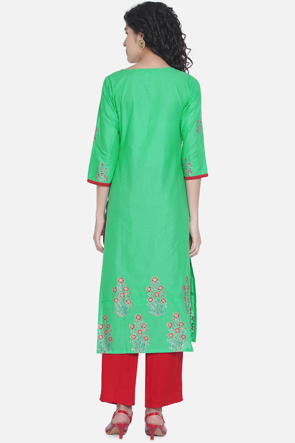 Buy Women Cotton Block Print Kurta Set in Limegreen Online - Back