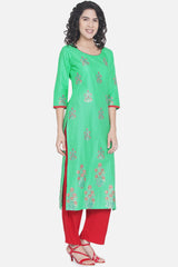 Buy Women Cotton Block Print Kurta Set in Limegreen Online - Front