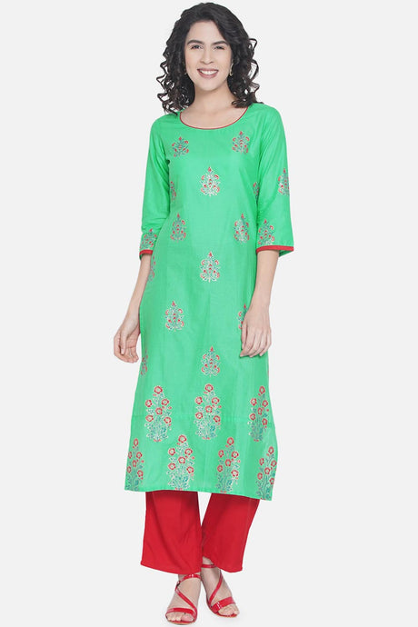 Buy WomenCotton Block Printed Kurta in Limegreen Online