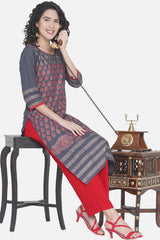 Buy Women Cotton Block Print Kurta Set in Grey Online - Side