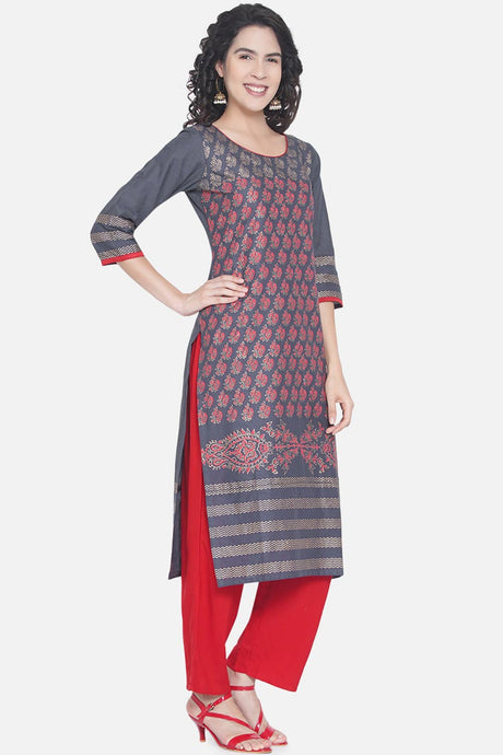 Buy Women Cotton Block Print Kurta Set in Grey Online - Front