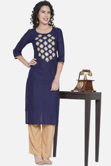 Buy Women Cotton Embroidered Kurta Set in Navy Blue Online - Side