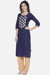 Buy Women Cotton Embroidered Kurta Set in Navy Blue Online - Front