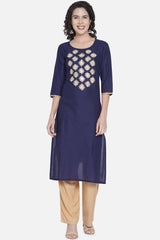 Buy WomenCotton Embroidered Kurta in Navy Blue Online