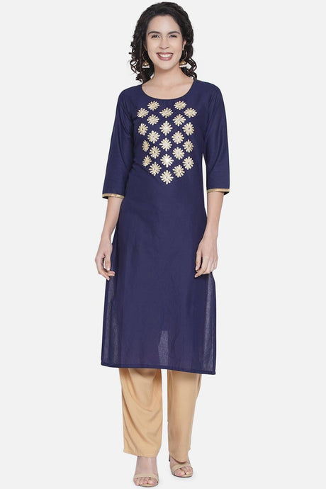 Buy WomenCotton Embroidered Kurta in Navy Blue Online