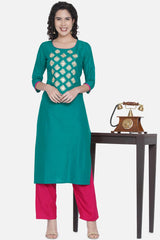 Buy Women Cotton Embroidered Kurta Set in Rama Green Online - Front